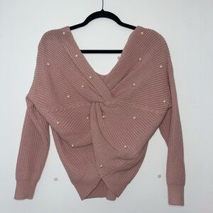 Pink Knitted Sweater with Pearl Accents